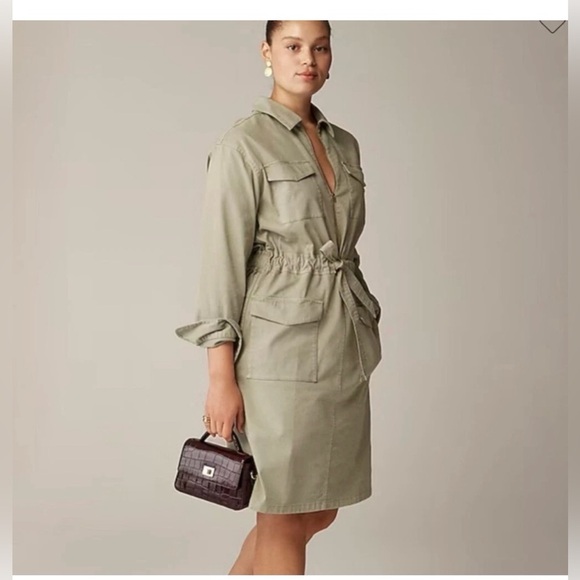 J.CREW Cinched Waist Utility Midi Dress Iced Pine Sage Green Stretch Chino Sz 8 - Picture 1 of 16